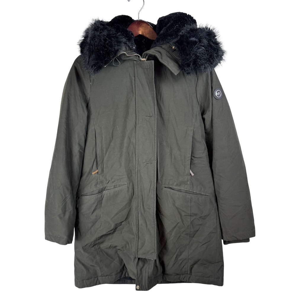 Michael Kors Parka Jacket Medium Olive Green Faux Fur Down Gorpcore Utility